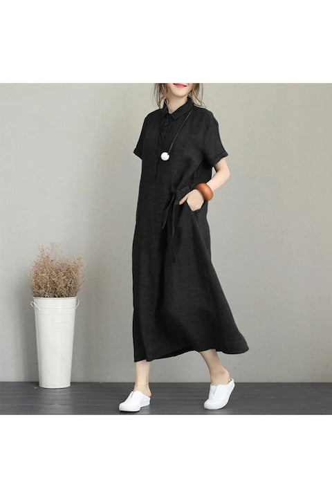 OEM - Women's long casual black linen dress, loose-fitting with short sleeves and a shirt collar, Black 12 interest-free installments