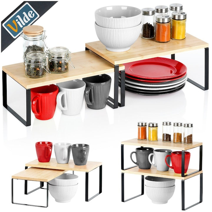 Set Rafturi De Bucatarie  Vilde  33.5x19.5x16 cm / 33.5x18.5x13.5 cm  Fabricate Din Lemn De Bambus  Posibilitate De Stivuire Sau Introducere  Utilizare Universala  Design Modern  Negru  2 Bucati