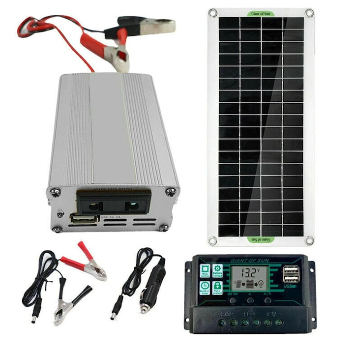 200W Monocrystalline Solar Panel Kit, 100A Controller, 12V-220V Inverter, Black, 43.5x20x2.5cm