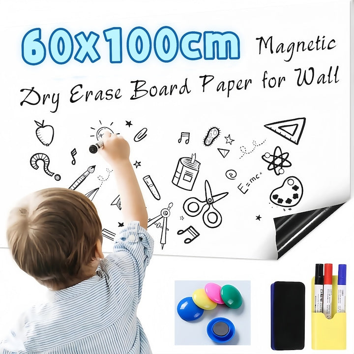 Tabla magnetica  Wacorresi  Tabla magnetica adeziva  Tabla de scris tip autocolant pentru perete  cu 6 inchizatori magnetice  1 radiera pentru tabla  1 organizator magnetic  unghie care nu marcheaza  3 pixuri  flexibila  reutilizabila  60x100cm  alb