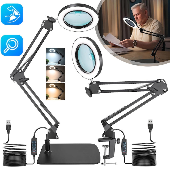 Lupa 2 In 1 Cu Lumina Si Suport  Lampa Lupa Led 8X Cu Clema Si Baza  Lampa De Birou Cu 3 Moduri De Culoare  72 Led-Uri  Pentru Lucrari De Aproape  Mestesuguri  Hobby-Uri  Pictura  Citit  Reparatii