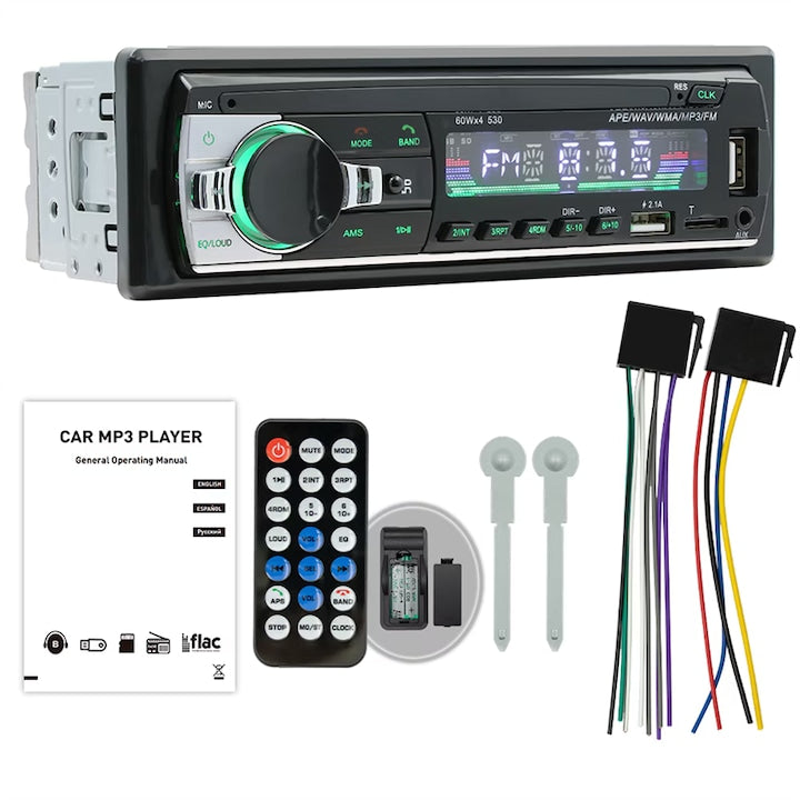 Radio auto electronic 530LED cu MP3 player si receptor radio hands-free  4x60W  player audio Bluetooth auto cu un singur slot DIN  compatibil cu SD  USB  AUX  RCA  Bluetooth si Siri Control