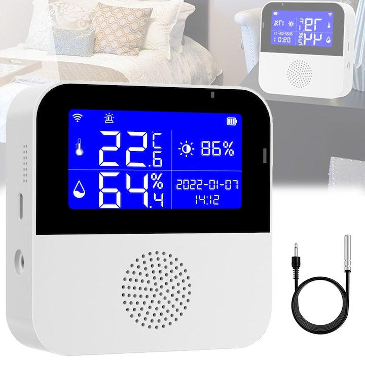 Senzor Temperatura Umiditate WiFi Inteligent  SANSES  LCD  Sonda Externa  Temperatura  Umiditate si luminozitate  Tuya/Smart Life  Alarme  Precizie Ridicata  Acumulator Incorporat  Alb