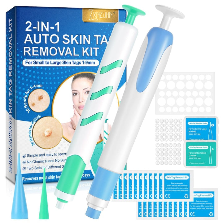 Dispozitiv de Indepartare a Papiloamelor  2 in 1  LXNZUHN  1-9mm  20 Servetele de Curatare  60 Benzi de Cauciuc  2 Capete Interchangeabile  36 Patches de Reparare  Albastru-Verde  11.5x2.3x16.5cm