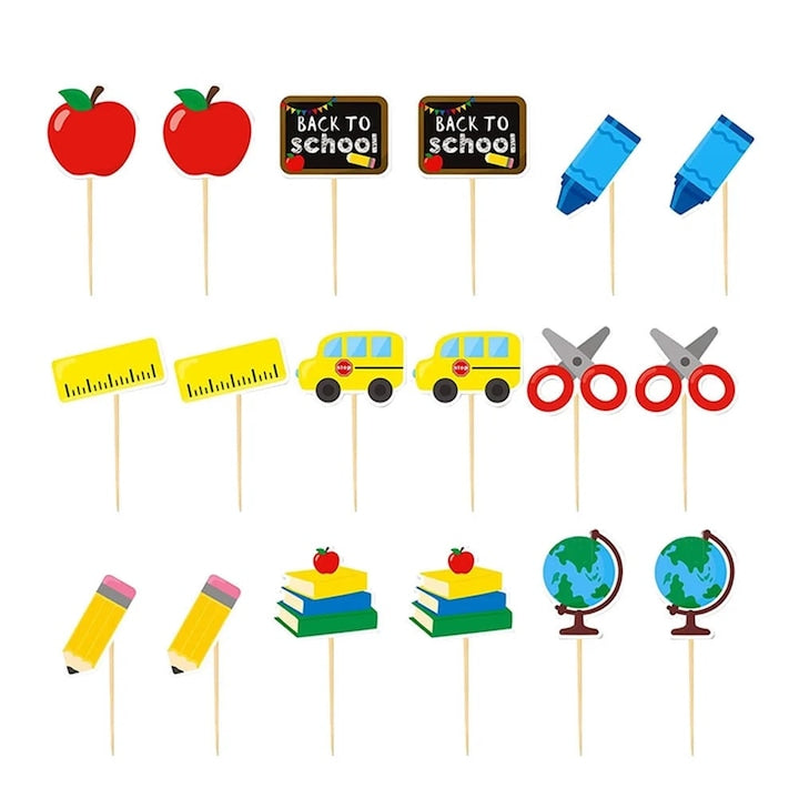 Decor pentru prajituri YANYXR BCS3107792  set 18 buc  Back to School  din carton si lemn  multicolor  6 x 4 cm