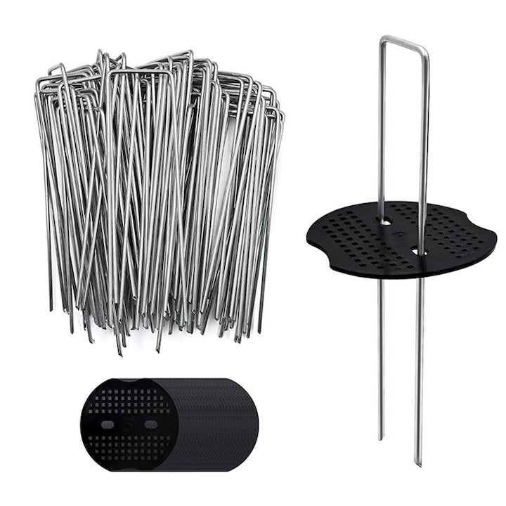 Set 100 capse pentru gradina  Rqiurpn  Cuie din otel galvanizat  In forma de U  6 inch  Discuri de fixare incluse  Pentru Fixarea Ierbii Sintetice