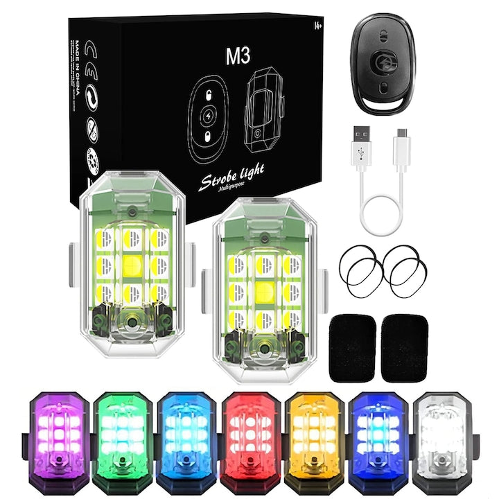 Set of 2 RGB Strobe Lights for Drones, 7 Colors and 30 Modes, 2-16 Hours of Use, Multifunctional, 2.4G Remote Control, USB Charging, Waterproof, Suitable for Cars, Motorcycles, Bicycles, OUYLAF, White