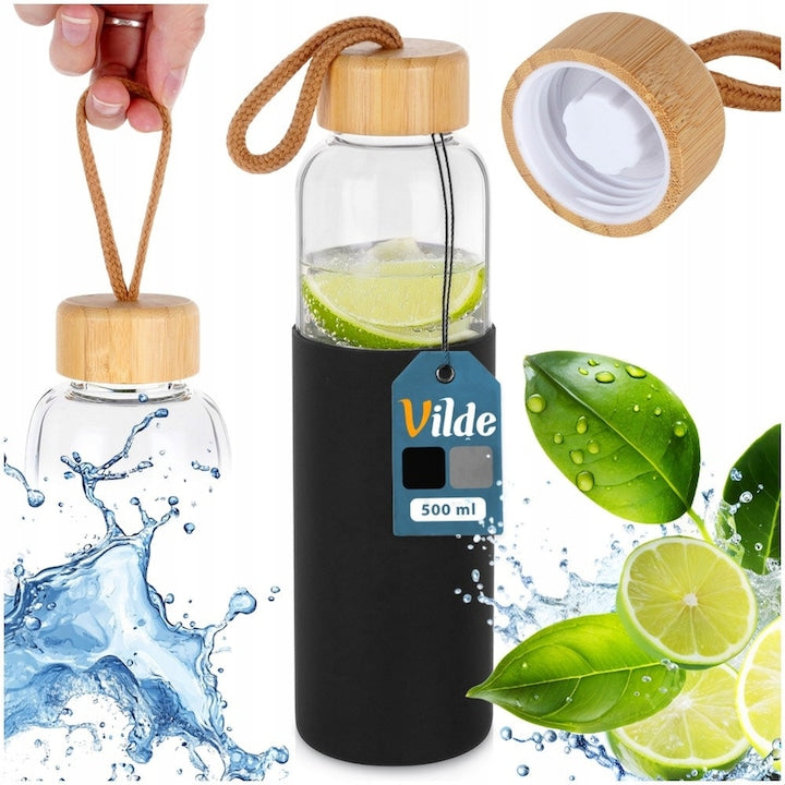Sticla Pentru Apa  Vilde  500 ml  24x7 cm  Sticla  Capac Din Bambus  Husa Din Silicon  Etansa Datorita Garniturii  Calitate Inalta A Materialelor  Negru