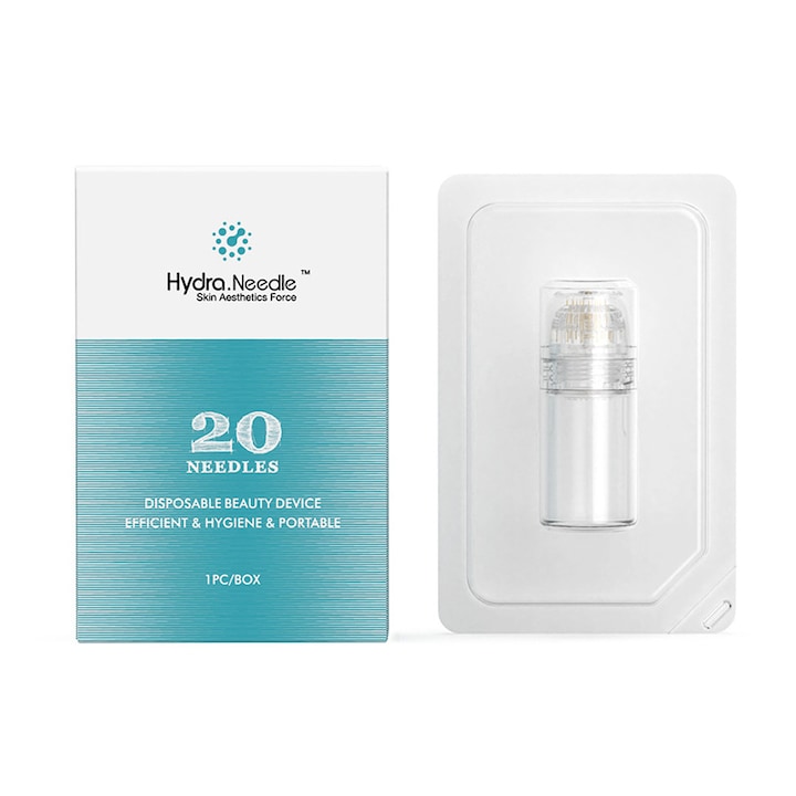 Stampila Microneedle Hydra Needle 20 de Unica Folosinta  cu Fiola din Sticla 5 ml  Aplicator Ser cu 20 Ace  Design Igienic  Structura Anti-Scurgere  pentru Fata si Scalp  0.5 mm