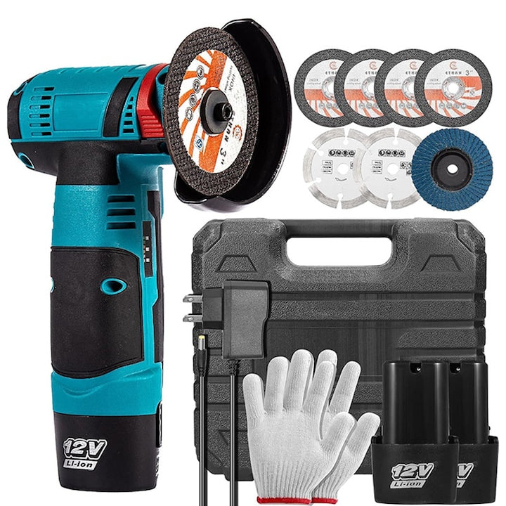 Mini Portable Angle Grinder Rqiurpn, 2 x 12V Batteries, 19500rpm, Set with 6 Cutting Discs, Charger, Wrench and Gloves, Powerful, Long Battery Life, Green/Black