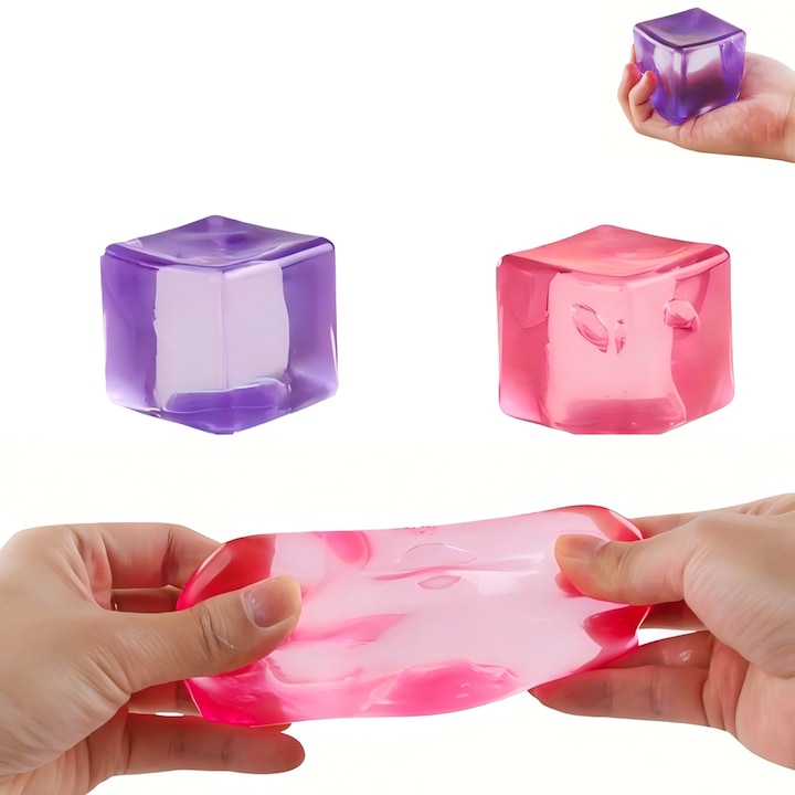 Set 2 Jucarii Antistres Squishy in Forma de Cub de Gheata - Roz si Violet  Jucarie Moale Interactiva pentru Copii