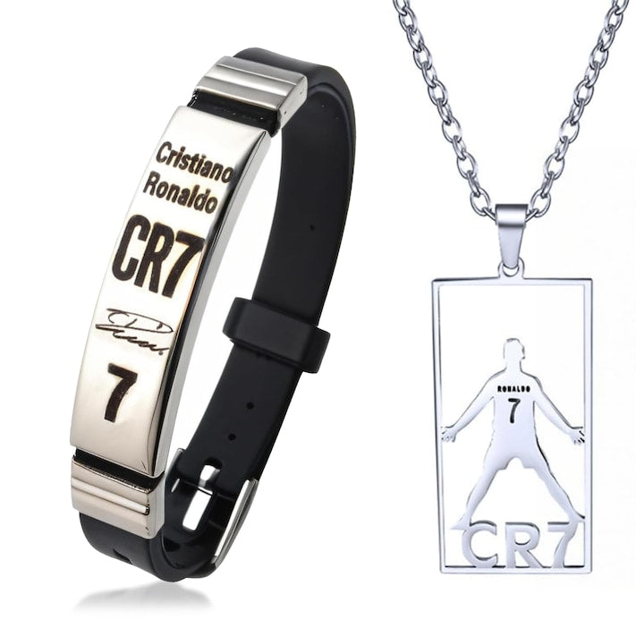 PsAyl - CR7 football jewelry set, stainless steel necklace and silicone bracelet, silver, unisex