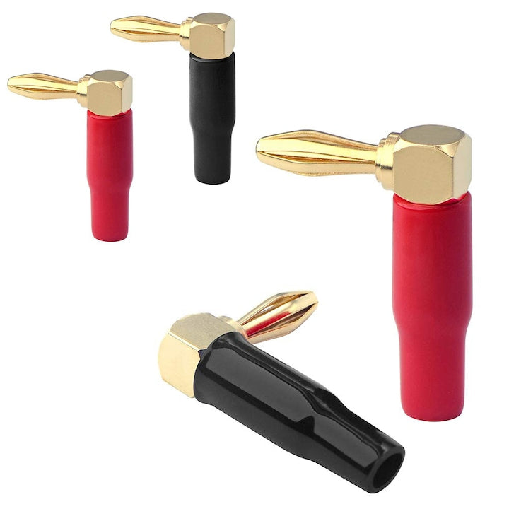 Set 4 mufe banana unghiulare 90°  cupru pur placat cu aur  roșu+negru  4mm