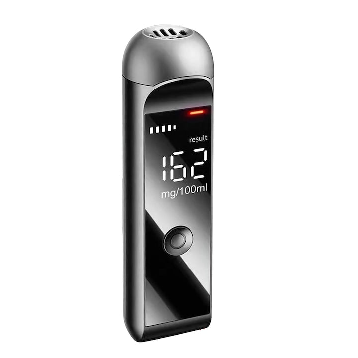 Alcool Tester Digital  Alcool Tester Portabil rezistent la praf  dimensiuni compacte  display LCD digital  Digital  Functie de Memorare  Calibrare Automata  Recunoastere Suflat Fals  Negru