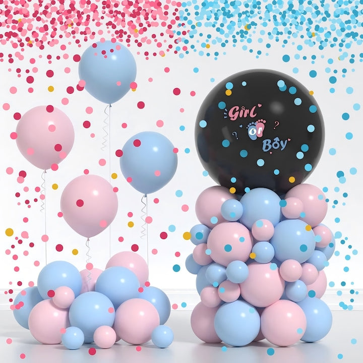 Gender Reveal Balloon Column Set 36 inch - Jumbo Balloon with Pink/Blue Confetti 50 Latex Balloons + Chain and Accessories