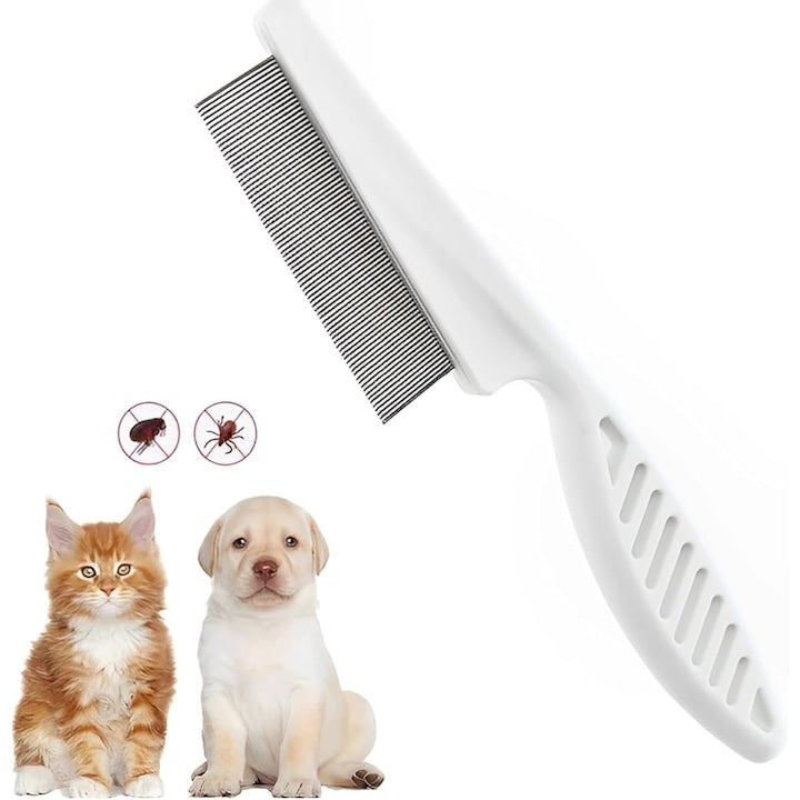 Flea comb for dogs and cats, stainless steel, ergonomic handle, easy cleaning, white