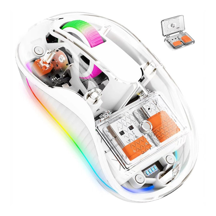 Mouse wireless transparent  reincarcabil  2400 dpi  triple-mode  Bluetooth 5.0 si 2.4 GHz  5 butoane  click silentios  2 receptoare  iluminare RGB 7 culori  OUYLAF  Alb