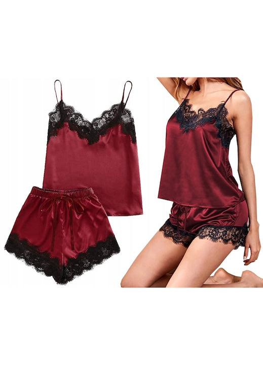 SNM - Pijama Dama Satin  Complet 2 Piese Cu Maieu Si Pantaloni Scurti  Lenjerie De Noapte Sexy Cu Dantela Neagra Si Bretele Reglabile  Material Fin Si Matasos  Marime Universala S-L  Ideala Pentru Cadou  Negru Si Bordou