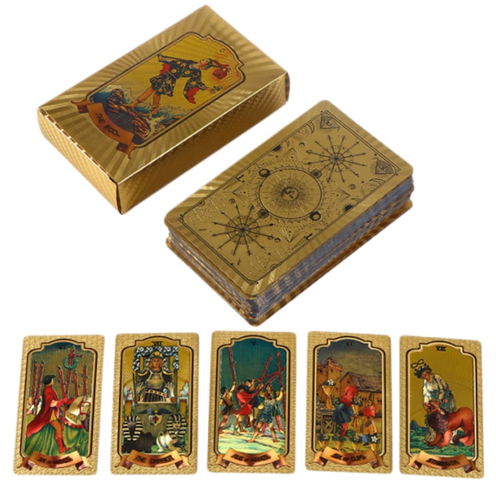78 Tarot Cards in Romanian, Fantasy-themed, for beginners and advanced users, portable Tarot deck with guide, GOLD TAROT, emotional healing, advanced meditation, durable premium cardboard, ideal for therapy and spiritual development