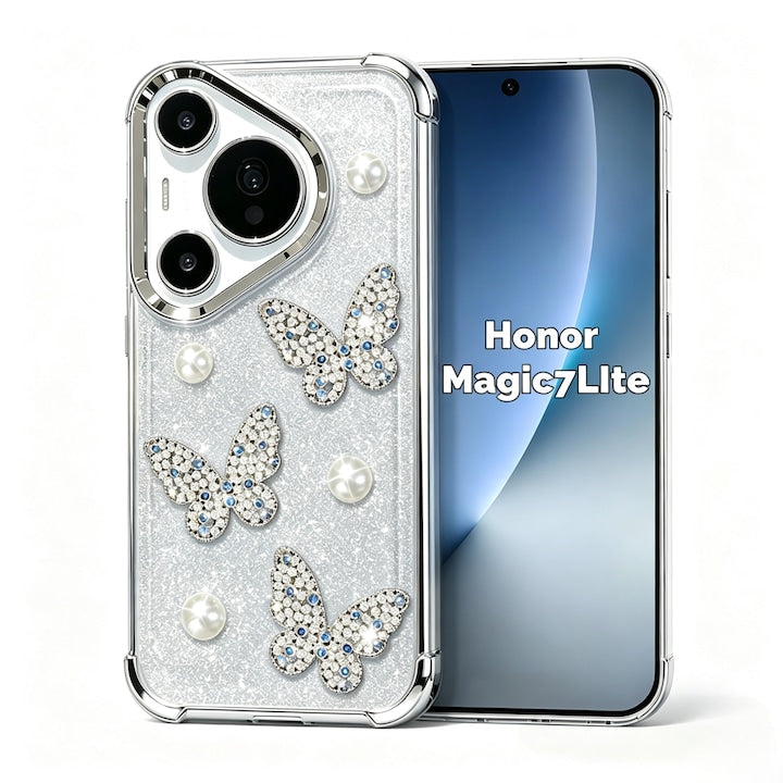Husa pentru Honor Magic 7 Lite cu Perle si Fluturi  Colturi cu Airbag Ingrosate  Anti-soc  Transparent