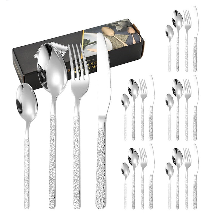 24-Piece Stainless Steel Cutlery Set Silver – Thick Hammered Textured Handle for 6 People Light Luxury Design Mirror Finish