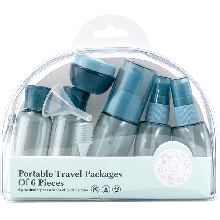 Rqiurpn Leak-Proof Travel Dispenser Set, Compartmented, Transparent Blue, 9 Pieces, 50ml/40ml/10ml