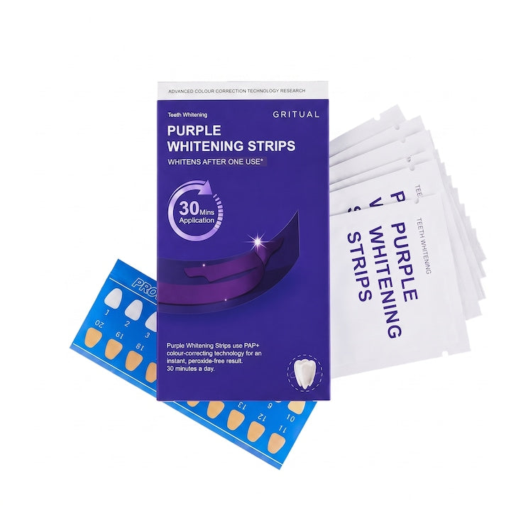 Set 14 Benzi Albire Dinti Mov cu Tehnologie PAP+ 18%  Fara Peroxid  Corectie Culoare si Efect Instant  Zero Sensibilitate  Tratament Profesional Acasa 30 Minute  Aroma Menta  7 Plicuri  GRITUAL™