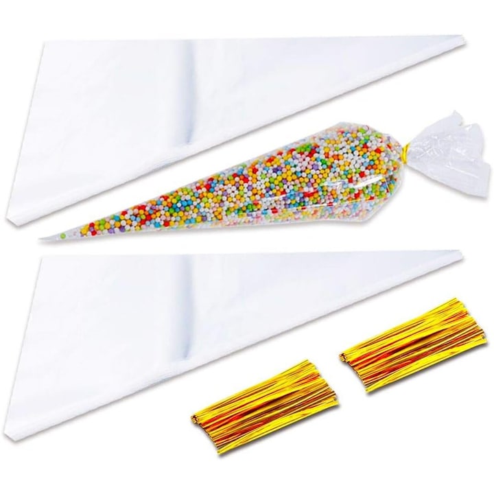Set 100 pungi ambalare  conice  plastic  17x37cm  transparent