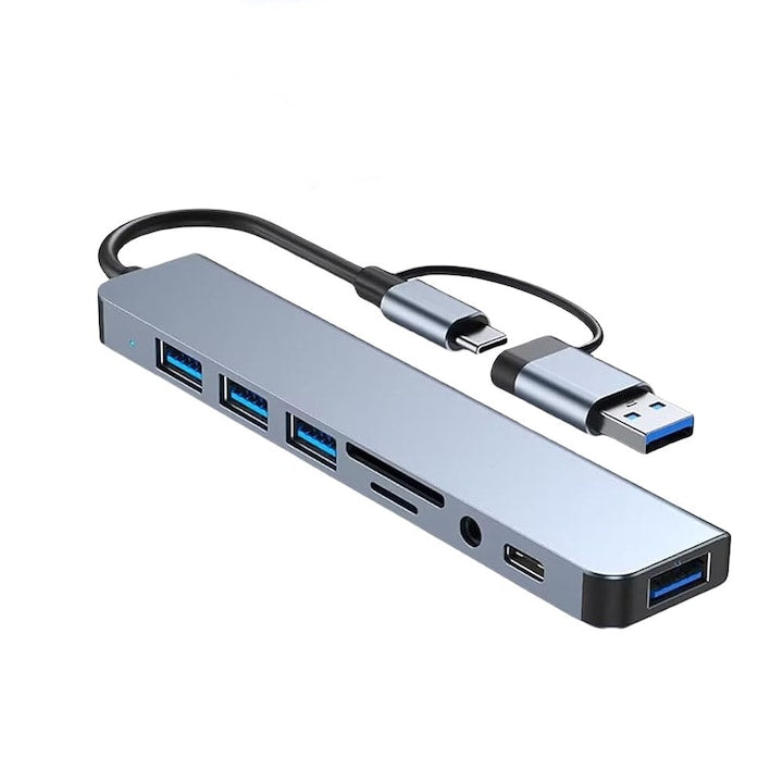 Hub 8-in-1  USB 3.0/USB-C  4 porturi USB  Port audio  Slot SD/TF  640 Mbps  5 Gbps  Compatibil cu laptopuri MacBook  PC  Aluminiu  Argintiu