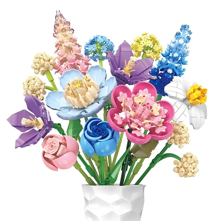 Set de Constructie Buchet 13 Flori in Nuante Roz-Albastru Blocuri Creative  Petale si Tulpini Reglabile  Cadou Elegant (Fara Vaza)