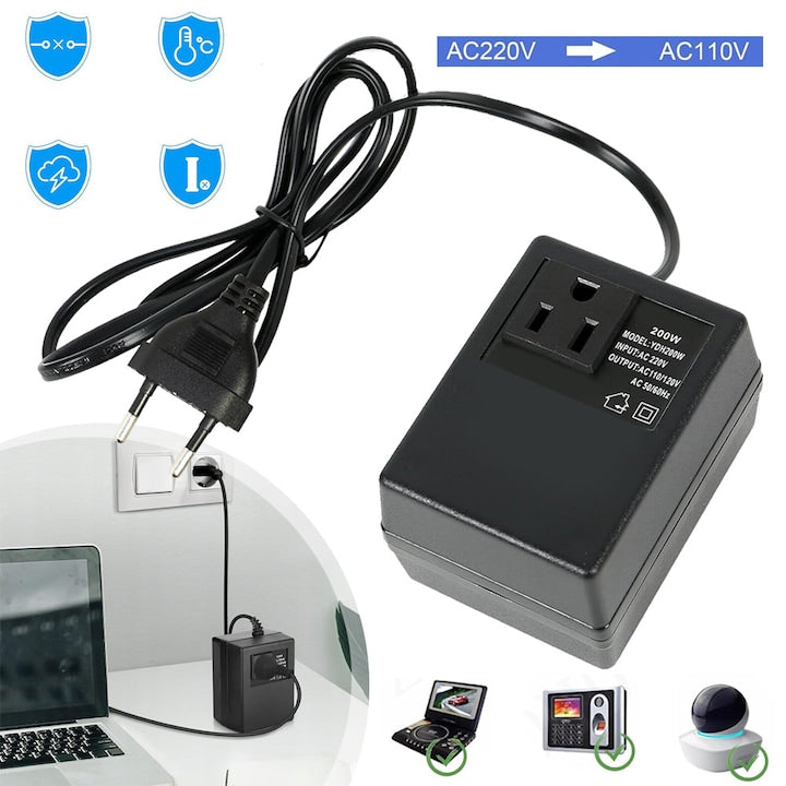 Power Adapter Voltage Converter With 200W Power Transformer AC 220V To 110V For WiFi, POS Devices, And Power Banks, Black, European Plug