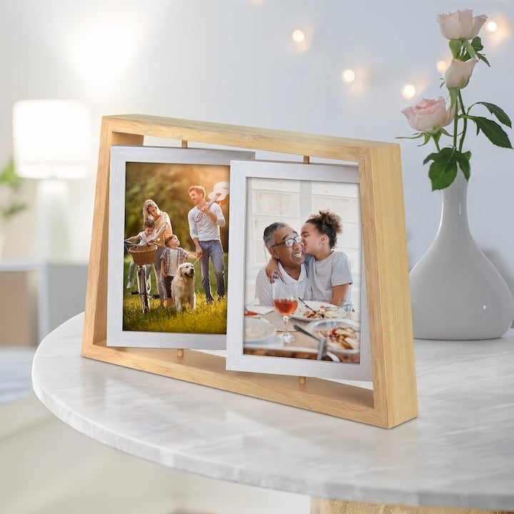 Rama foto rotativa  Wacorresi  Poate gazdui 4 fotografii de dimensiuni 10 x 15cm  doua fete  stand lemn natur  rame foto plutitoare pentru birou desktop si decor acasa 31 x 21cm  Maro