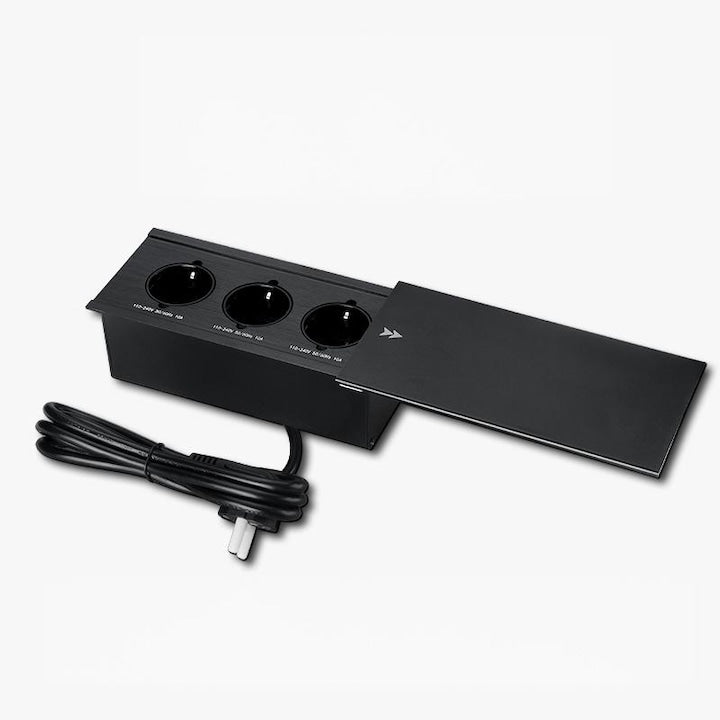 Priza Incorporabila in Blat Birou sau Bucatarie  3 Prize Schuko  Capac Glisant  Incastrabila  Cablu 1.8m  10A/2400W  Negru