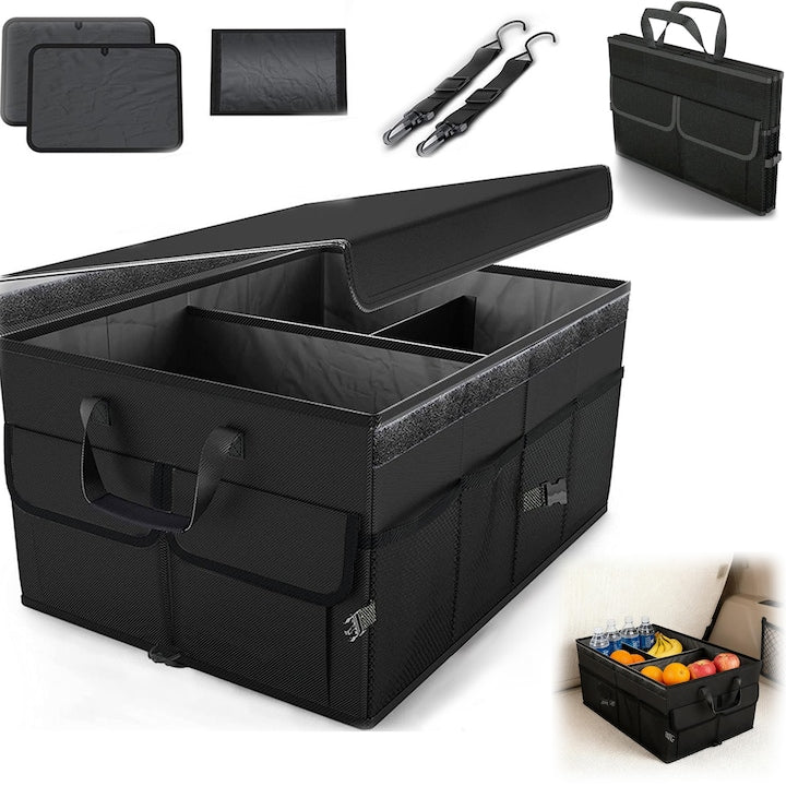 Organizator Portbagaj Auto  SANSES  60L  Pliabil  Cu 3 Compartimente  Cu Capac Detasabil Si Curele Fixare  Cu Baza Antialunecare Si Buzunare Laterale  50.8x32x36.8 cm  Negru