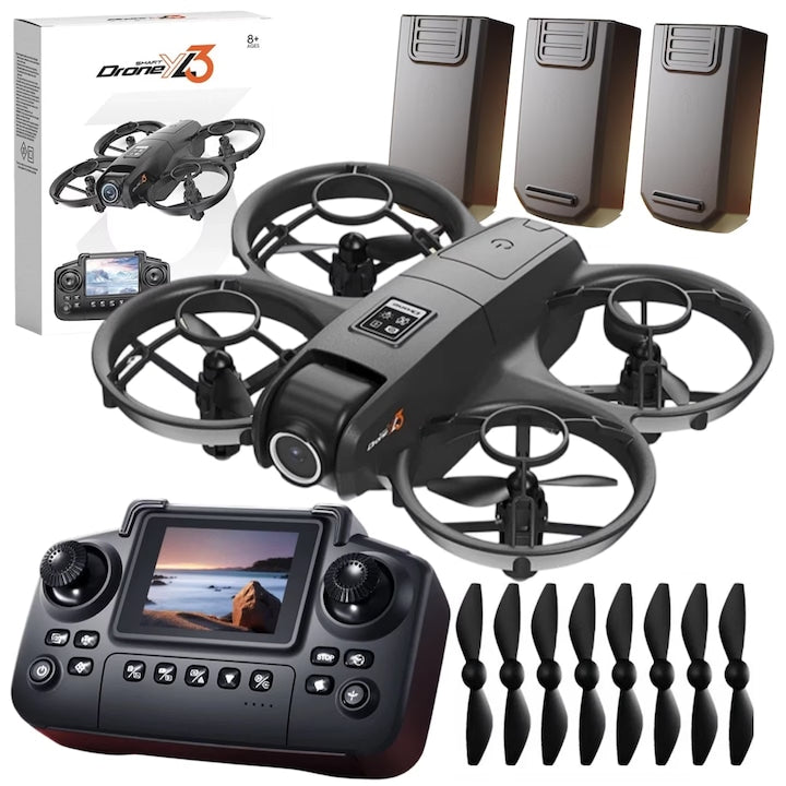 Drona cu camera HD  cu 2 camere  ecran LCD  3 baterii  motoare fara perii  Wi-Fi  suporta conexiune Wi-Fi  evitare a obstacolelor  planificare a traseului  zbor stabil  mentinere a altitudinii  neagra