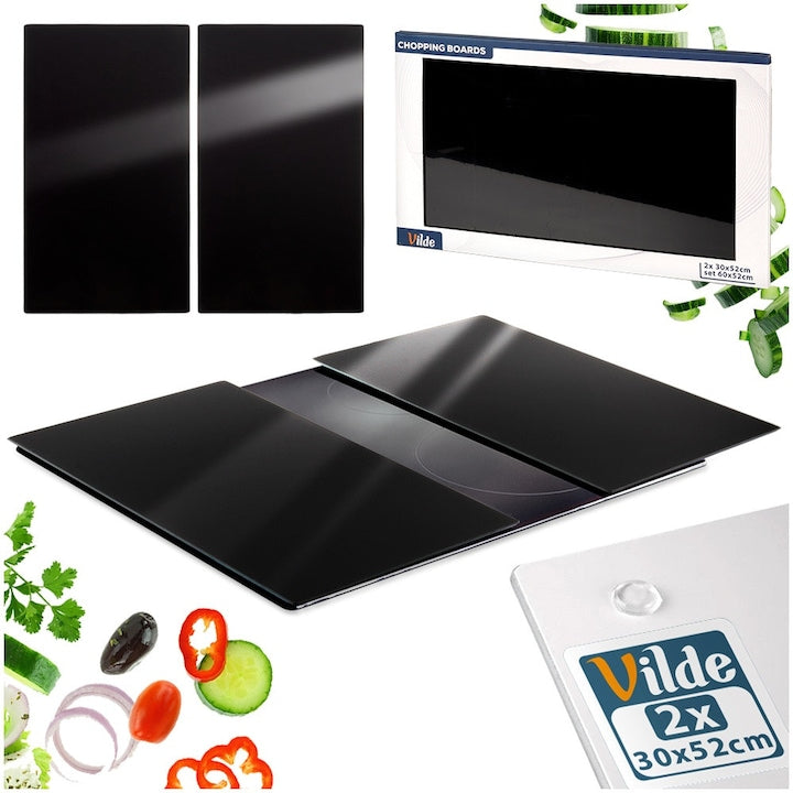 Set Tocatoare Si Protectie Aragaz  Vilde  2 Piese  60x52 cm  Negru  Sticla Securizata  Placi Taiere Antialunecare  Protectie Termica Blat Bucatarie  Accesorii Practice Si Elegante  Design Modern