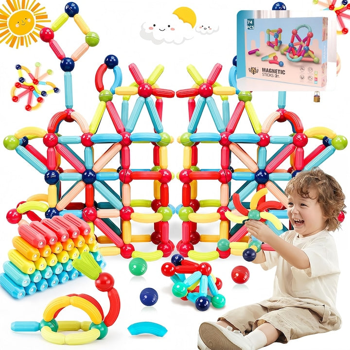 Set 74 jucarii magnetice pentru constructie magnetic Sticks 3D  Wacorresi  Set de Constructii pentru copii magnetic Sticks cu 74 blocuri magnetice  4ani+  Numeroase Posibilitati de Construit  STEM  Educativ si Creativ  Magneti Puternici  multicolor