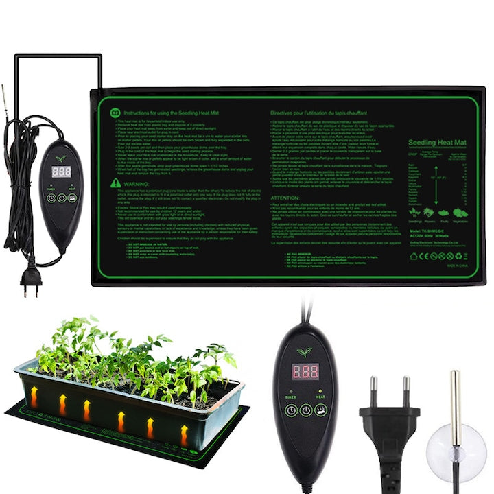 Covor de incalzire pentru cresterea plantelor la interior  material PVC  6 trepte de temperatura reglabila  cu temporizare  cu sonde de temperatura  impermeabila si ignifuga  50 8x25 4 cm  imbunatateste germinarea si rata de supravietuire a plantelor
