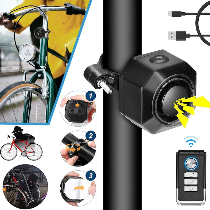 Bicycle Alarm Anti-Theft Wireless USB Rechargeable Alarm with 113dB Vibration Adjustable Sensitivity IP65 Waterproof with Remote Control for E-Bike Motorcycle Electric Tricycle Scooter