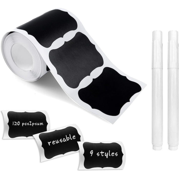Set of 300 Self-adhesive labels With 2 white markers Erasable and removable Reusable for Mason Jars storage boxes party bottle pantry office food Black