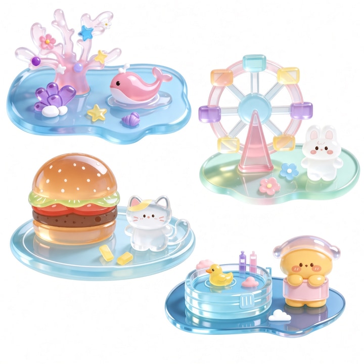 Set 4 Stickere 3D Relief PVC – Balena Coral  Iepuras Roata  Pisica Burger  Ursulet Baie  Ornamente Stivuibile  Dezvolta Abilitatile Manuale  Pentru Copii