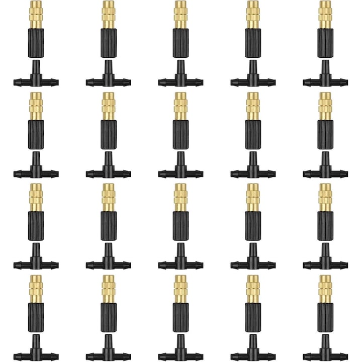 Set of 20 Adjustable Copper Atomizing Irrigation Nozzles, Connects to 4/7mm Tube, with 3-Way Irrigation Connector