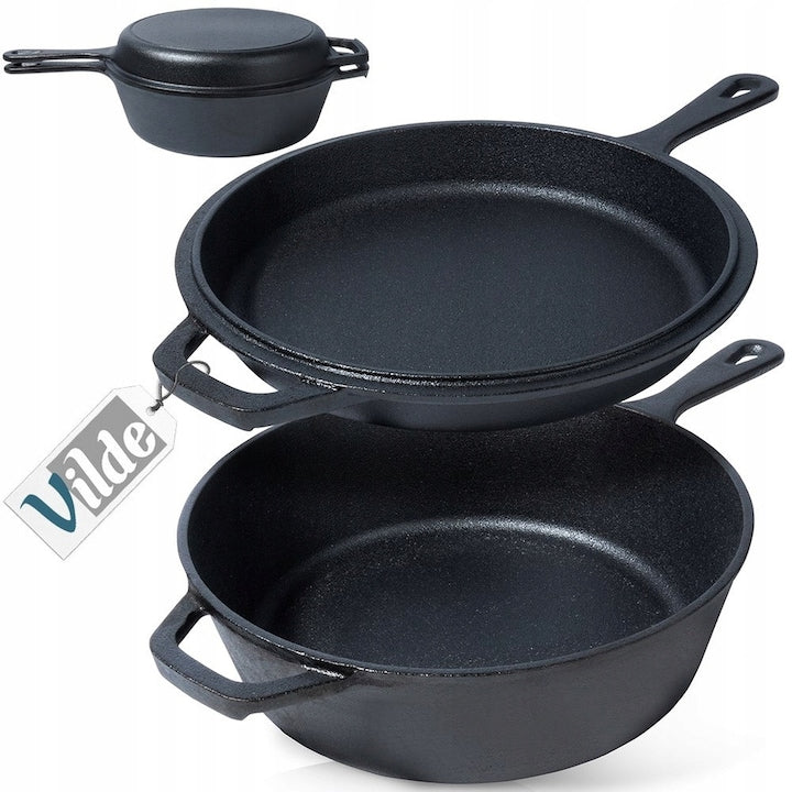Vilde Cast Line Cast Iron Pot and Pan Set, 24 cm / 3.5 L, Cast Iron, High Temperature Resistant, Comfortable Handles, Functional for Frying and Baking, High Material Quality, Black