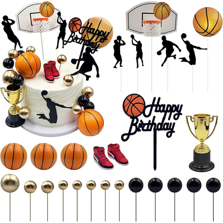 Set 25 accesorii pentru petrecere  Rqiurpn  tematica baschet NBA  Topper "La Multi Ani"  Minge Neagra si Aurie  Figurine Jucatori  multicolor