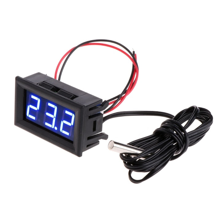 Digital Thermometer with Probe, 5V-15VDC Power Supply, Black, with Blue Display