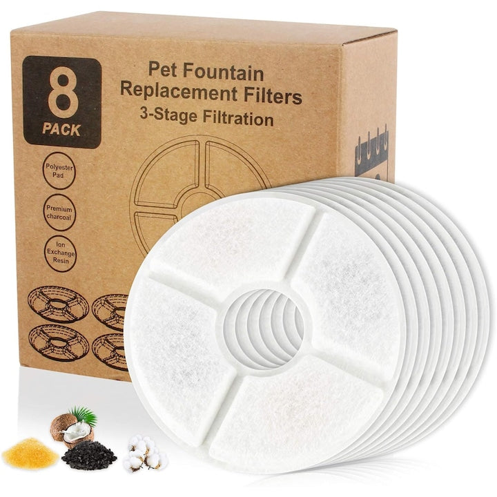 Set 8 filtre de schimb pentru fantana apa pisici  pentru fantani de baut este compatibil cu fantanile cu flori de 1.6 L  2.0 L si 2.4 L  tripla filtrare  Polipropilena