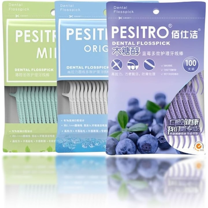 Set of 300 Dental Floss Picks, Toothpick Type, Fast Cleaning, Waxed for Easy Gliding, Durable Fiber, Three Flavors, Multicolor