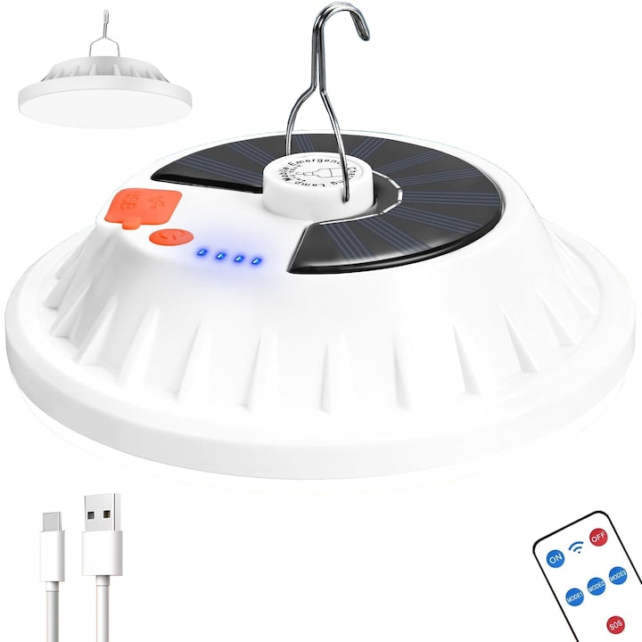 Lampa Camping Multifunctionala  SANSES  Rotunda  120 led-uri  60 W  2400 mAh  Power Bank  Reincarcabila Solar sau Prin Cablu USB  Rezistenta la Apa IP65  5 Moduri de Iluminare  Telecomanda  Alb