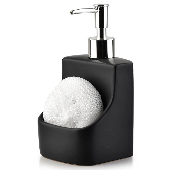 Dozator Sapun Lichid Si Detergent De Vase  Vilde  Cu Suport Compartiment Pentru Burete Laveta  400 ml 9.5x19 cm  Din Ceramica Mata  Accesorii Chiuveta Baie Bucatarie  Organizator Practic Lavoar Pompa Manuala Include Burete  Negru Mat