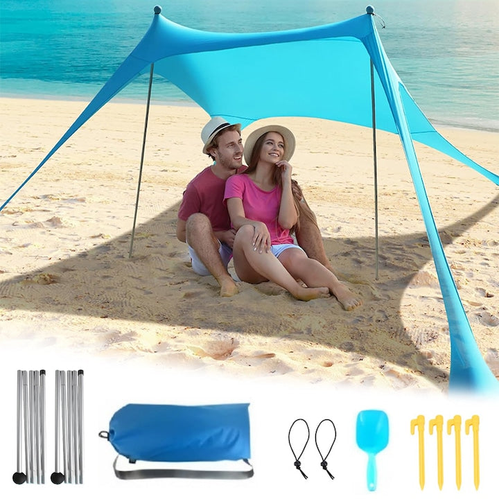 Beach shade tent 200x160 cm for 1-3 people, wind resistant, UPF50+, 2 stable and durable metal poles, portable, easy to use, with carrying bag, suitable for family beach, camping and outdoor activities, blue